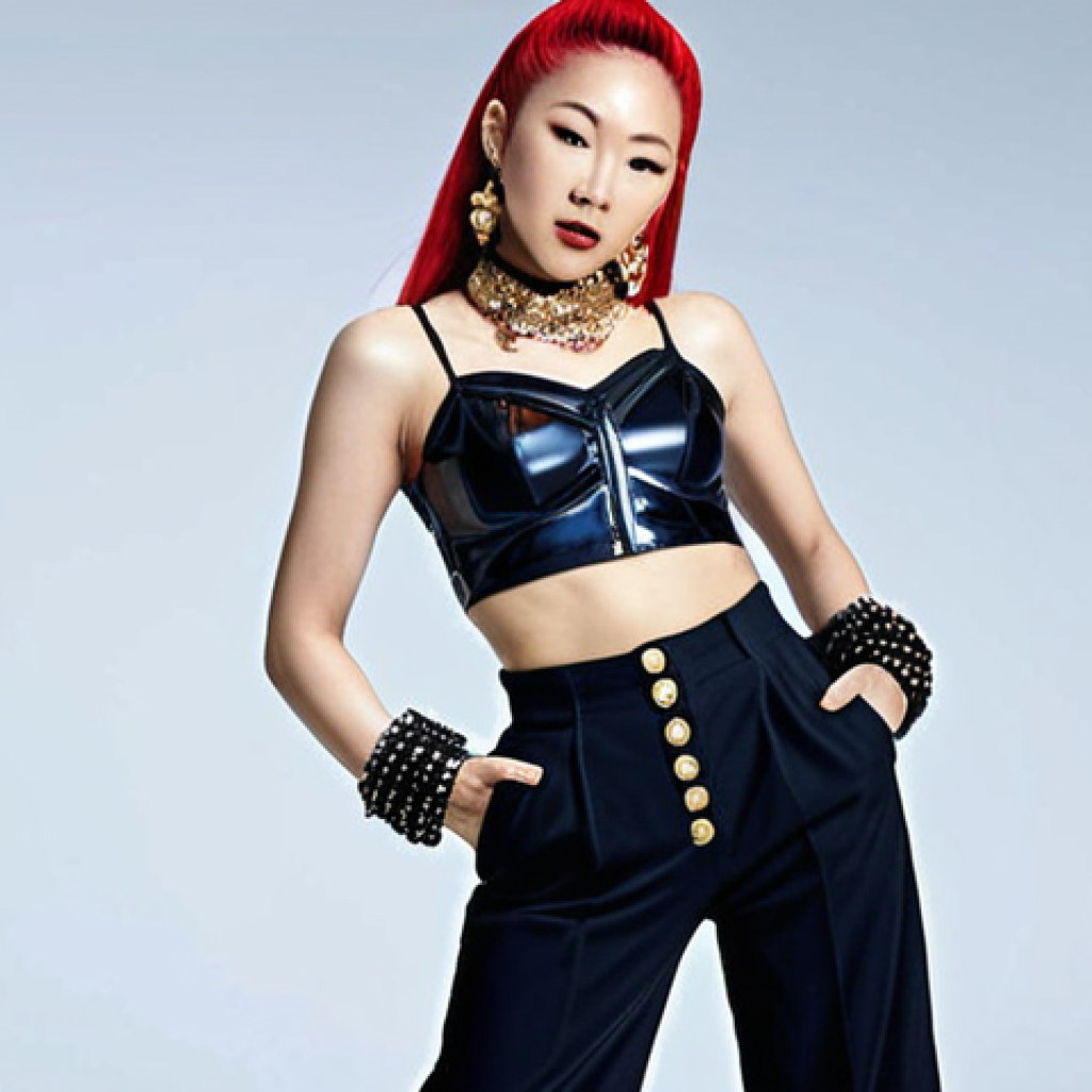 **Prompt:** Sammi Cheng in a bold 90s fashion ensemble: high-waisted pants, crop top, and statement accessories. Capture her confident pose and vibrant energy reflecting her trendsetting style.