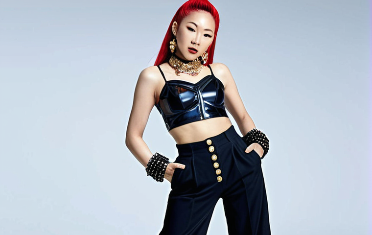 **Prompt:** Sammi Cheng in a bold 90s fashion ensemble: high-waisted pants, crop top, and statement accessories. Capture her confident pose and vibrant energy reflecting her trendsetting style.