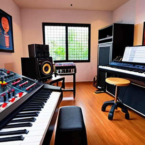 **

A vibrant music studio scene. Li Ronghao is collaborating with a young Thai artist. They are surrounded by modern music equipment, including a synthesizer. The atmosphere is relaxed and creative, with Thai snacks and drinks visible on a nearby table. The focus is on the collaboration between the two artists, highlighting the blend of Chinese and Thai musical elements.

**
