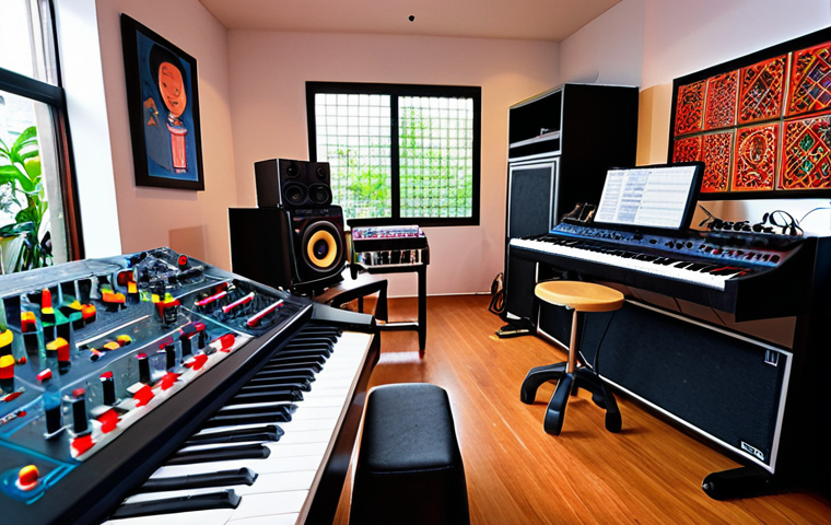 **

A vibrant music studio scene. Li Ronghao is collaborating with a young Thai artist. They are surrounded by modern music equipment, including a synthesizer. The atmosphere is relaxed and creative, with Thai snacks and drinks visible on a nearby table. The focus is on the collaboration between the two artists, highlighting the blend of Chinese and Thai musical elements.

**